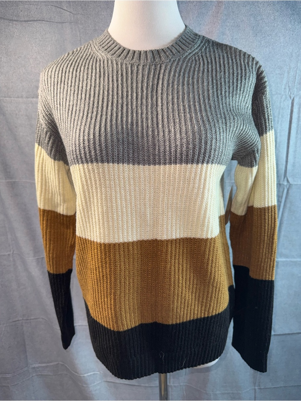 1924-there about Striped Crewneck Sweater in Gray, Cream, Brown and Black